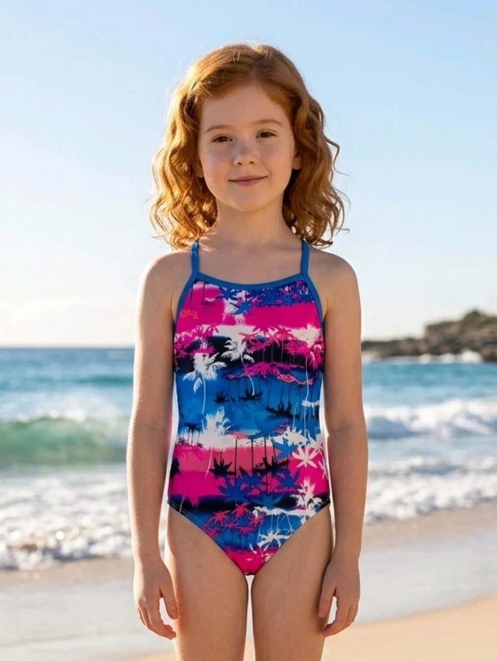 NWT Kanu Surf Kids Palm Silhouette One Piece Swimsuit - Pink and Blue
